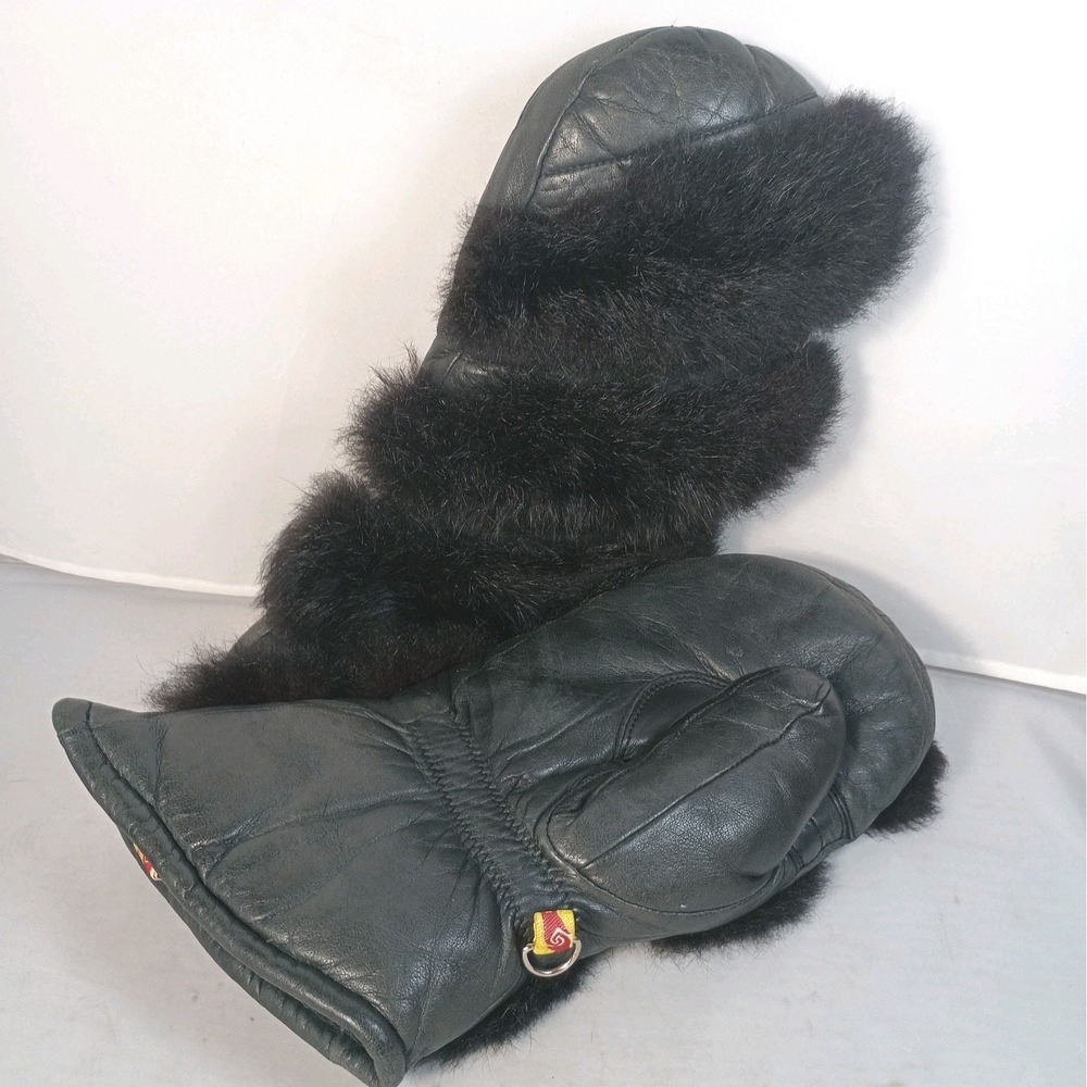 Vtg Kombi Black Leather Mittens Men's Medium Faux Fur Accent Winter Ski Gloves